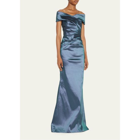 RICKIE FREEMAN FOR TERI JON Off-Shoulder Ruched Taffeta Gown - Picture 3 of 9